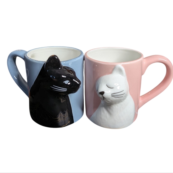 Cat Couple Set of Two Coffee Mugs Kissing Cats Pink and Blue Ceramic Mugs - Picture 3 of 16